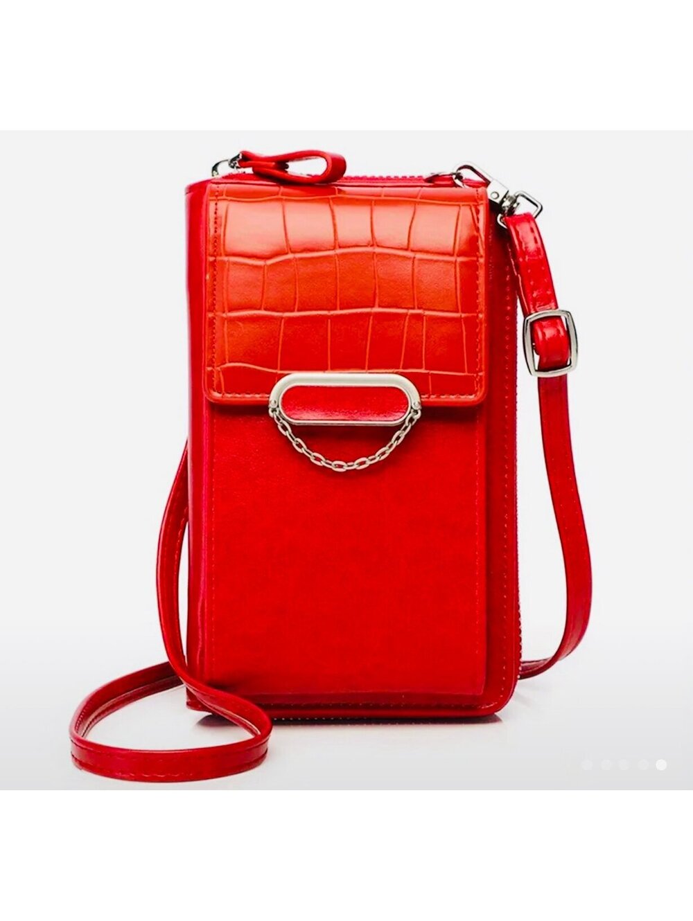 New - Chic - Faux Leather Crossbody Wallet /Phone Bag w/Chain Design - Red